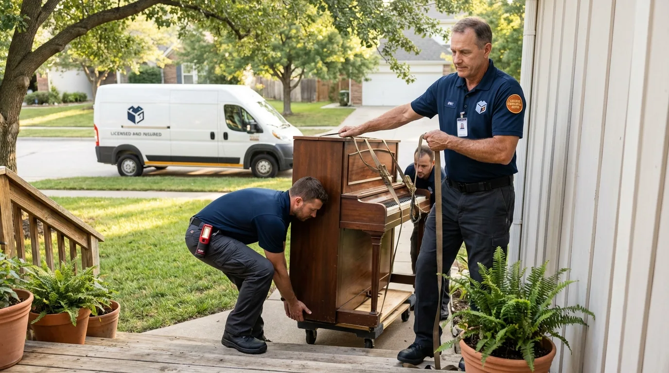 Licensed piano movers securing grand piano in Marion, MS