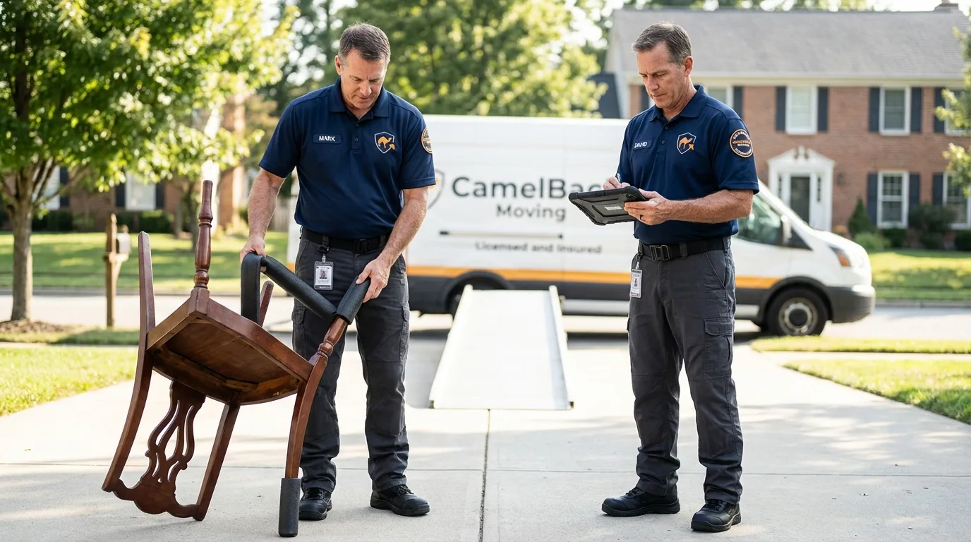 Movers inspecting furniture for damage prevention before loading in Marion, MS