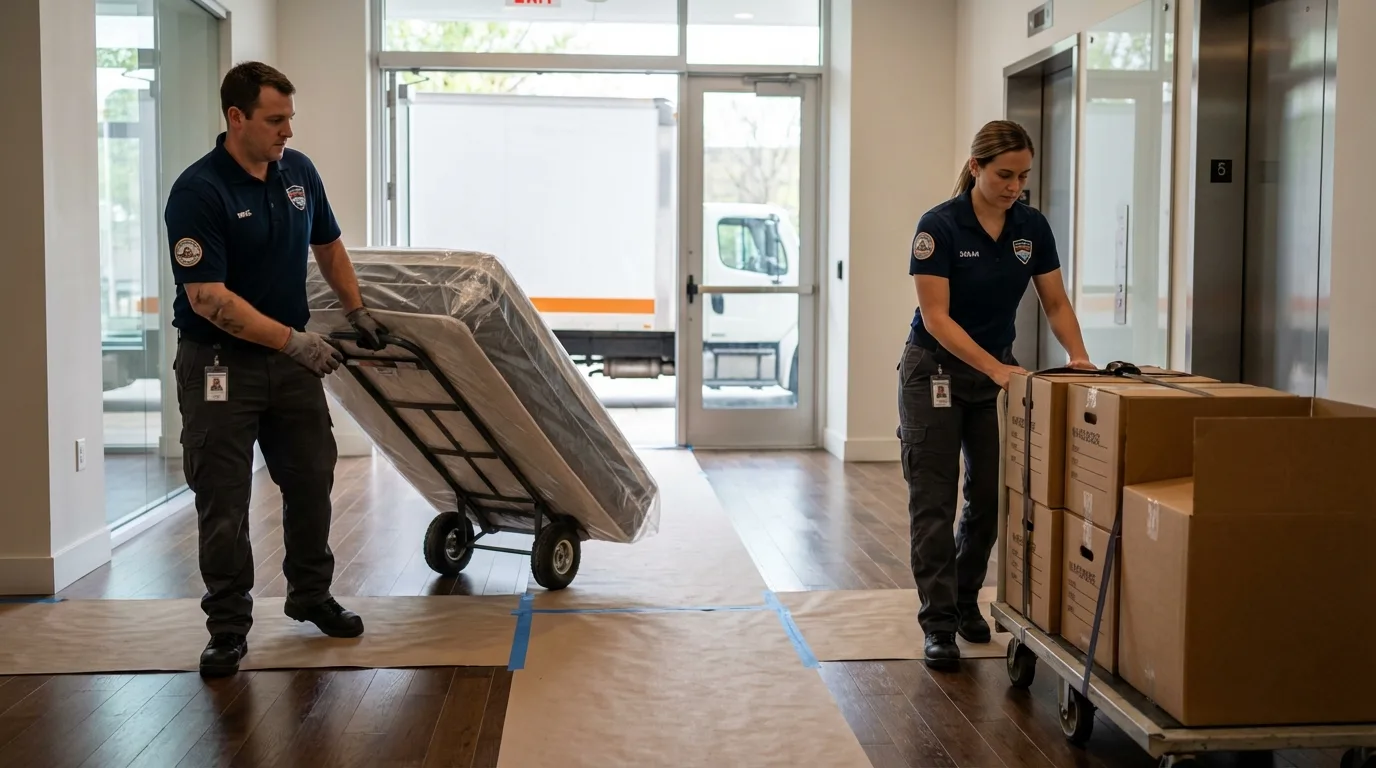 Professional apartment movers loading elevator in Marion, MS