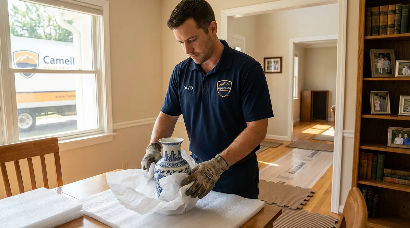 Professional crew carefully wrapping antique vase for senior downsizing move in Marion, MS